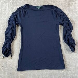 Lauren Ralph Lauren Top Blouse Womens‎ Medium Navy Ruched Sleeve Preppy Luxury